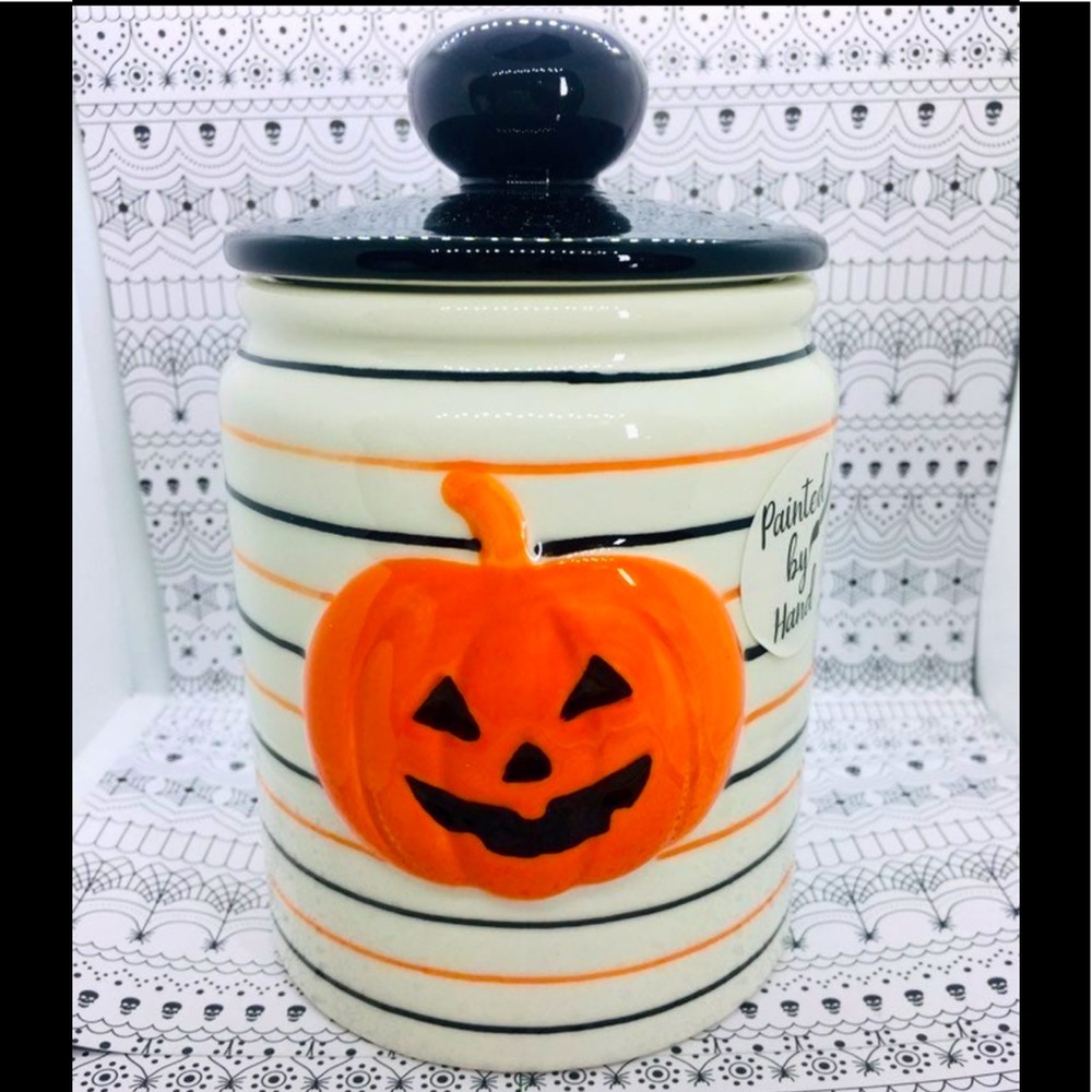Halloween Ceramic Jack o Lantern Pumpkin Jar Canister Stripes Cookies Candy